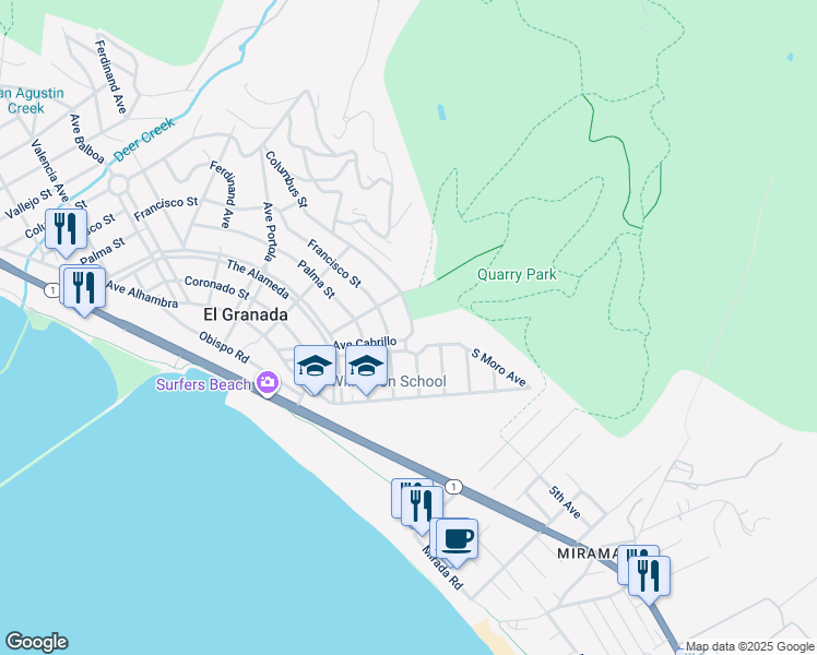 map of restaurants, bars, coffee shops, grocery stores, and more near 1195 Columbus Street in Half Moon Bay