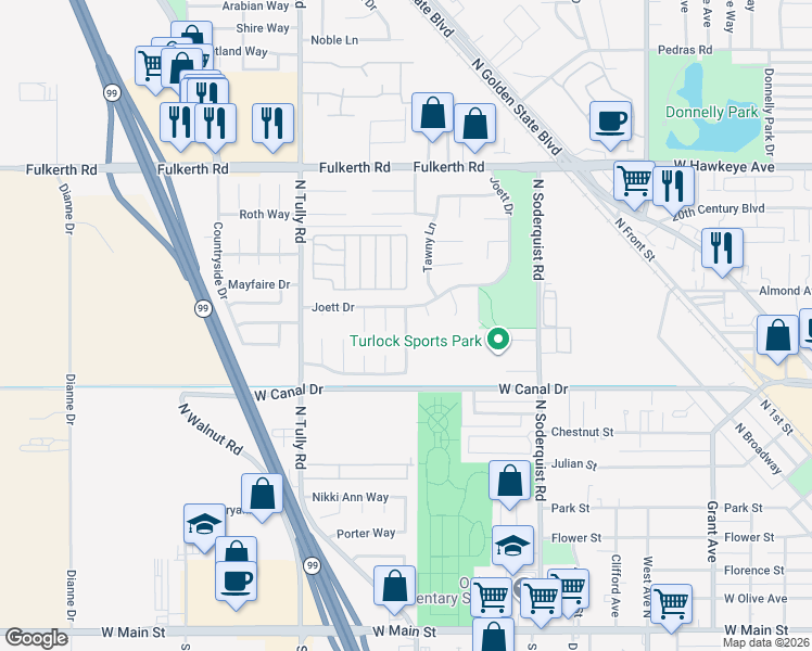 map of restaurants, bars, coffee shops, grocery stores, and more near 800 Shawnan Drive in Turlock