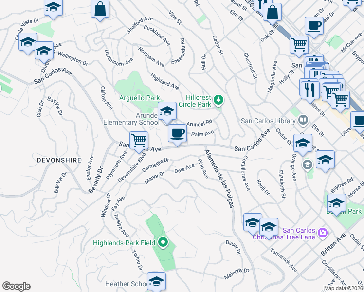 map of restaurants, bars, coffee shops, grocery stores, and more near San Carlos Avenue in San Carlos