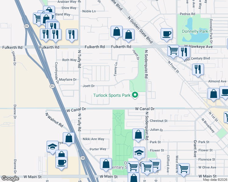 map of restaurants, bars, coffee shops, grocery stores, and more near 1679 Joett Drive in Turlock