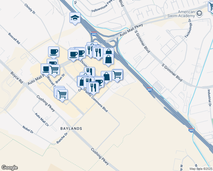 map of restaurants, bars, coffee shops, grocery stores, and more near 43782 Christy Street in Fremont