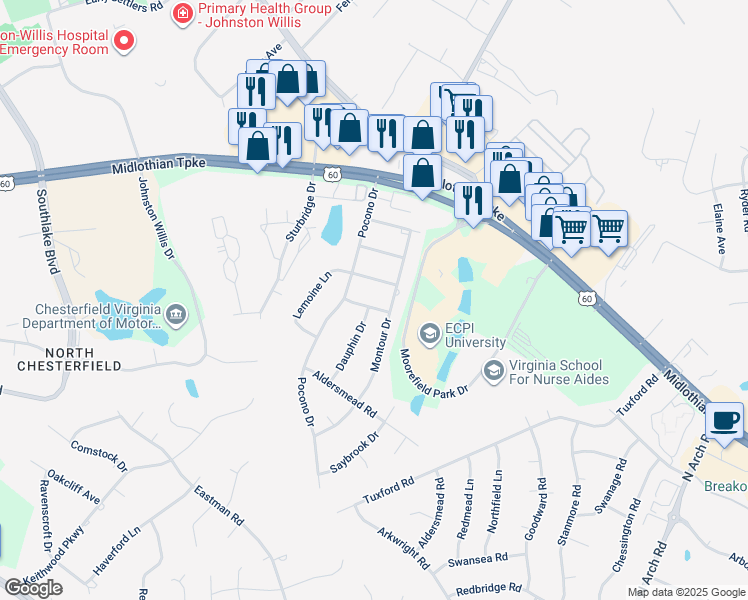map of restaurants, bars, coffee shops, grocery stores, and more near 10110 Avella Lane in Richmond