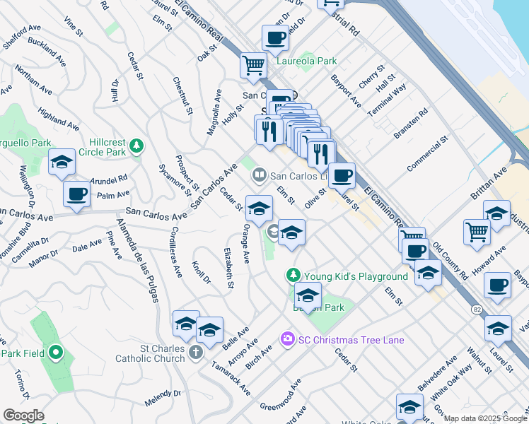 map of restaurants, bars, coffee shops, grocery stores, and more near 744 Chestnut Street in San Carlos