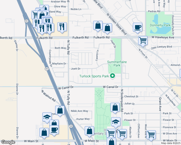 map of restaurants, bars, coffee shops, grocery stores, and more near 1001 Shawnan Drive in Turlock