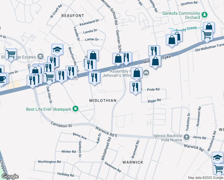 map of restaurants, bars, coffee shops, grocery stores, and more near 5941 Midlothian Turnpike in Richmond