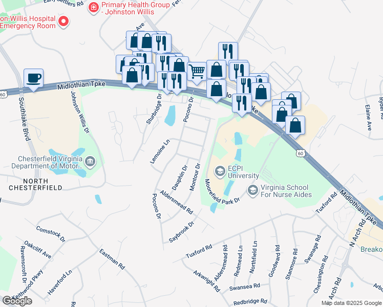 map of restaurants, bars, coffee shops, grocery stores, and more near 10110 Avella Lane in Richmond