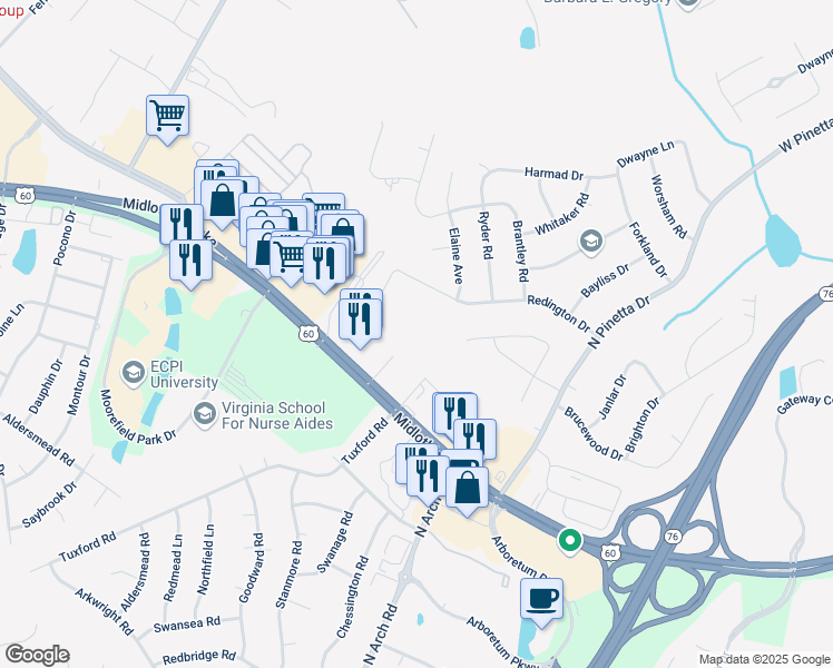 map of restaurants, bars, coffee shops, grocery stores, and more near 9500 Midlothian Turnpike in Richmond