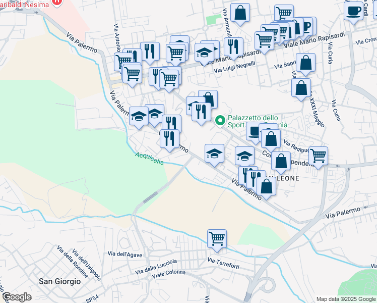 map of restaurants, bars, coffee shops, grocery stores, and more near 442 Via Palermo in Catania
