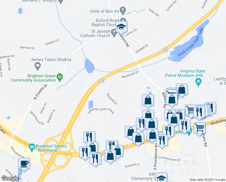 map of restaurants, bars, coffee shops, grocery stores, and more near 8431 Bayfield Drive in Richmond