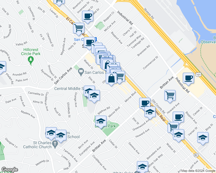 map of restaurants, bars, coffee shops, grocery stores, and more near 798 Walnut Street in San Carlos