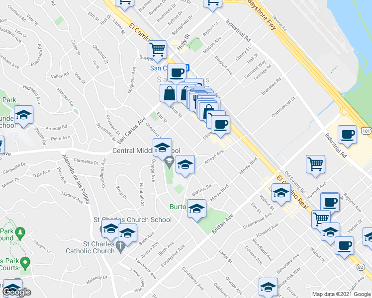 map of restaurants, bars, coffee shops, grocery stores, and more near 776 Elm Street in San Carlos