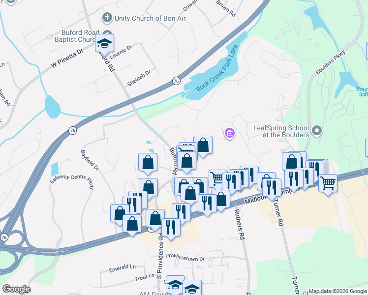 map of restaurants, bars, coffee shops, grocery stores, and more near 8028 Buford Commons in Richmond