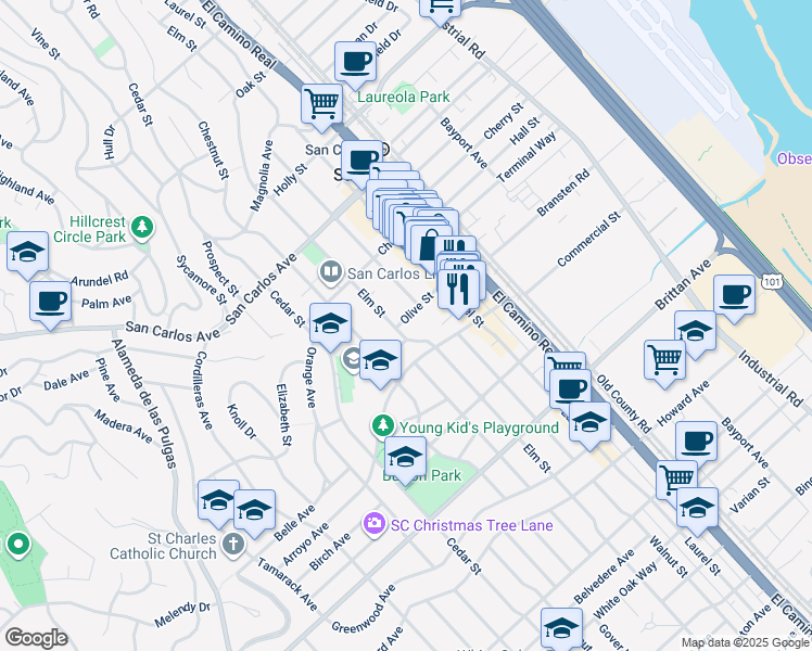 map of restaurants, bars, coffee shops, grocery stores, and more near in San Carlos