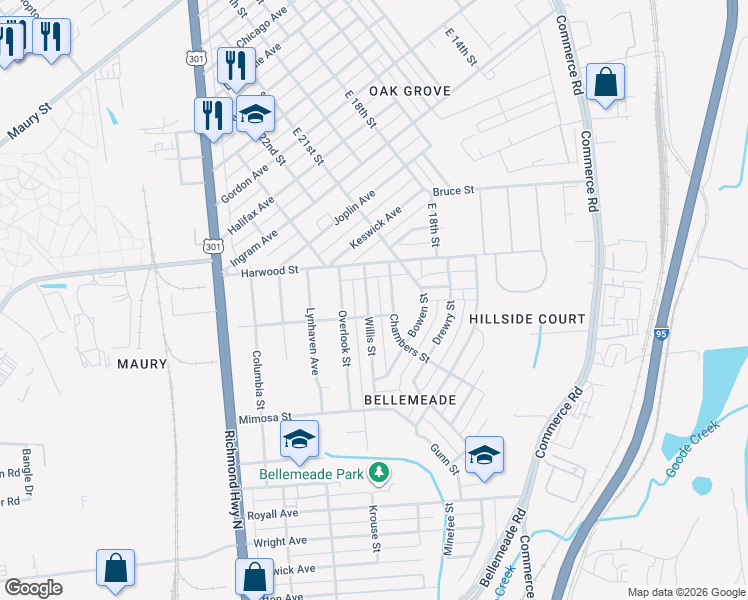 map of restaurants, bars, coffee shops, grocery stores, and more near 1302 Willis Street in Richmond