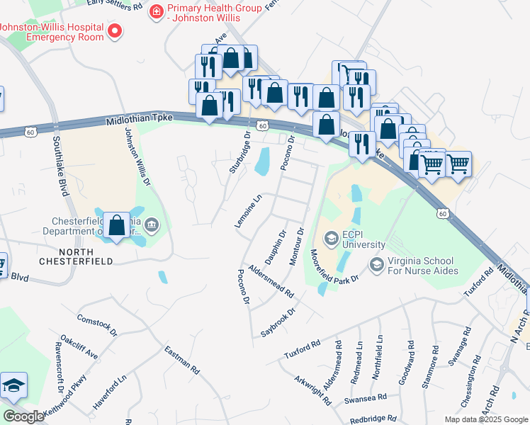 map of restaurants, bars, coffee shops, grocery stores, and more near 640 Pocono Drive in Chesterfield County
