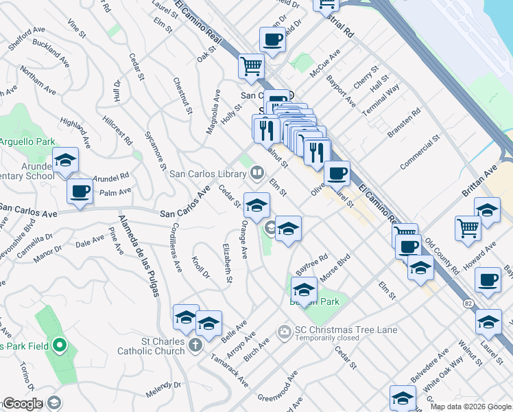 map of restaurants, bars, coffee shops, grocery stores, and more near 730 Chestnut Street in San Carlos