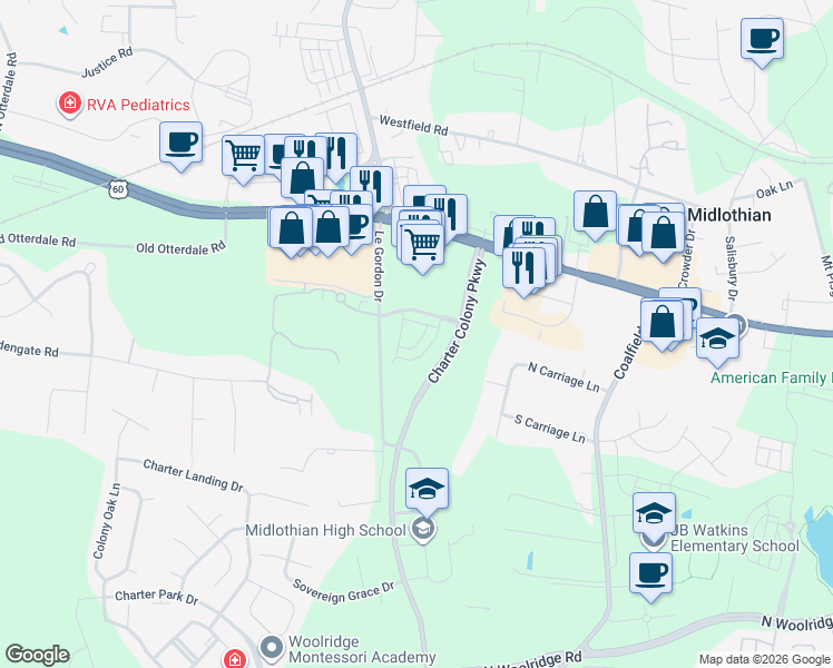 map of restaurants, bars, coffee shops, grocery stores, and more near 14237 Martinet Crossing in Midlothian