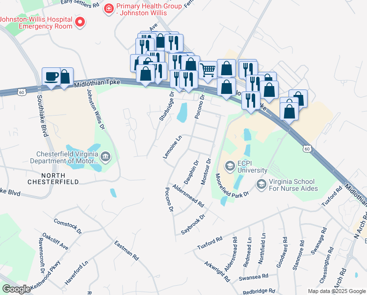 map of restaurants, bars, coffee shops, grocery stores, and more near 640 Pocono Drive in Chesterfield County