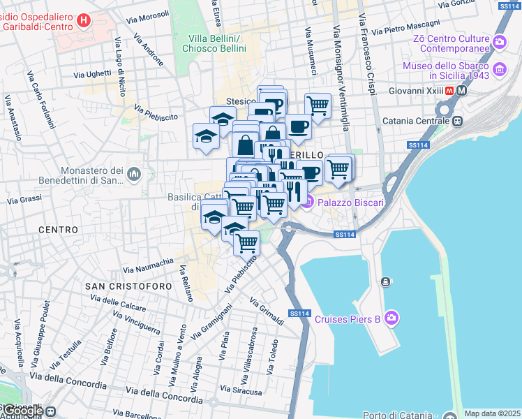 map of restaurants, bars, coffee shops, grocery stores, and more near 21 Via della Loggetta in Catania