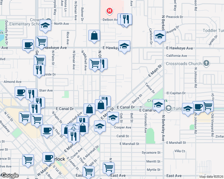 map of restaurants, bars, coffee shops, grocery stores, and more near 1080 North Olive Avenue in Turlock