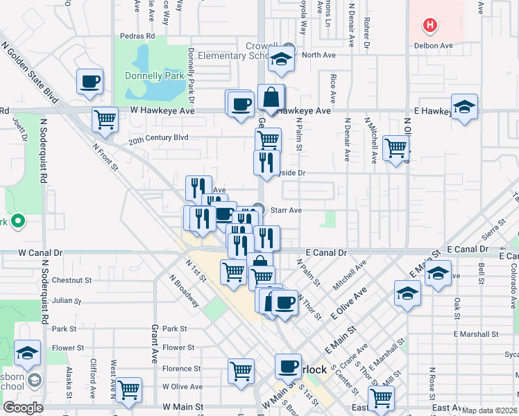 map of restaurants, bars, coffee shops, grocery stores, and more near 1014 Geer Road in Turlock
