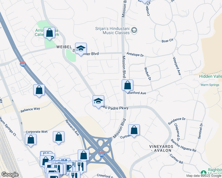 map of restaurants, bars, coffee shops, grocery stores, and more near 45579 Cheyenne Place in Fremont