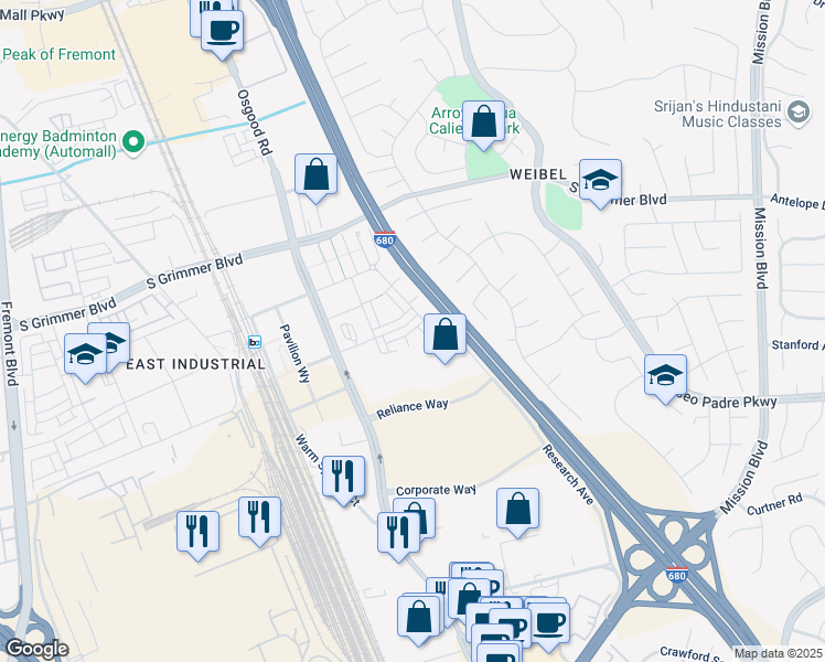 map of restaurants, bars, coffee shops, grocery stores, and more near 45273 Tom Blalock Street in Fremont