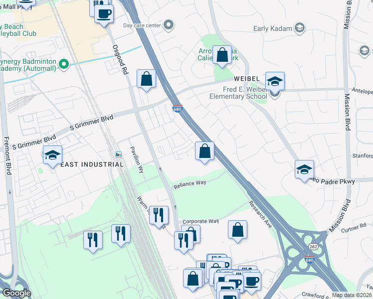map of restaurants, bars, coffee shops, grocery stores, and more near 45273 Tom Blalock Street in Fremont