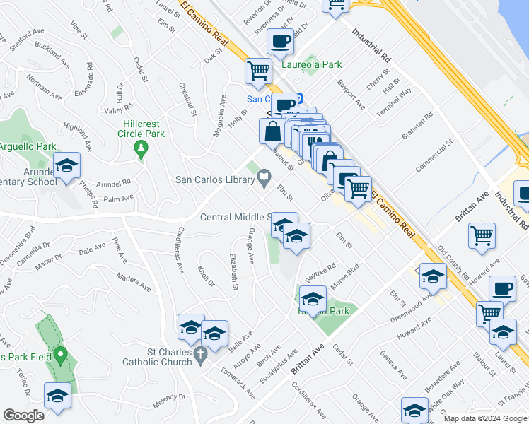 map of restaurants, bars, coffee shops, grocery stores, and more near 701 Chestnut Street in San Carlos