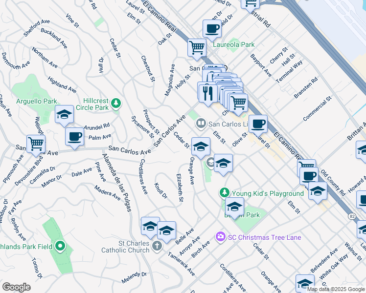 map of restaurants, bars, coffee shops, grocery stores, and more near 655 Cedar Street in San Carlos