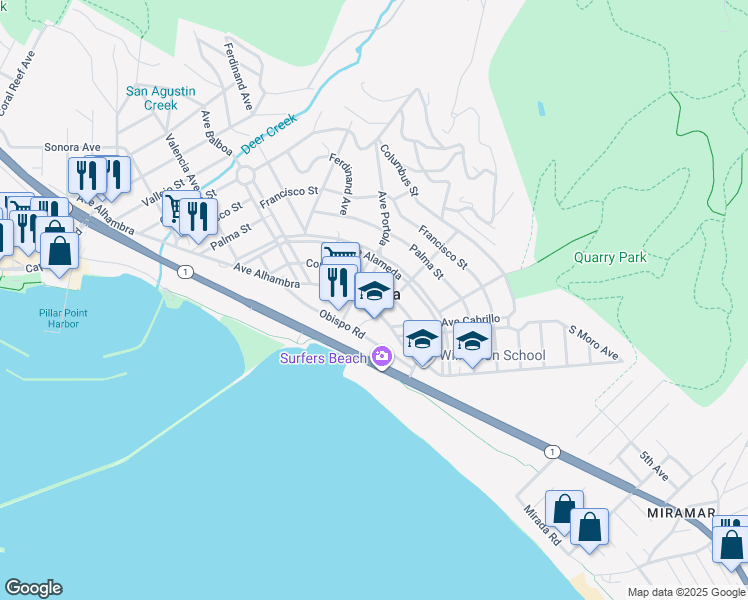 map of restaurants, bars, coffee shops, grocery stores, and more near in El Granada