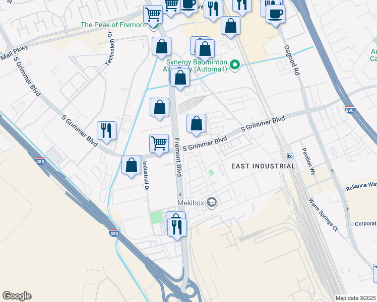 map of restaurants, bars, coffee shops, grocery stores, and more near 44819 South Grimmer Boulevard in Fremont