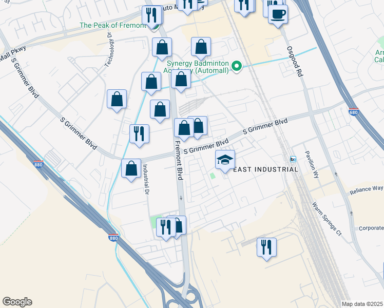 map of restaurants, bars, coffee shops, grocery stores, and more near 44819 South Grimmer Boulevard in Fremont