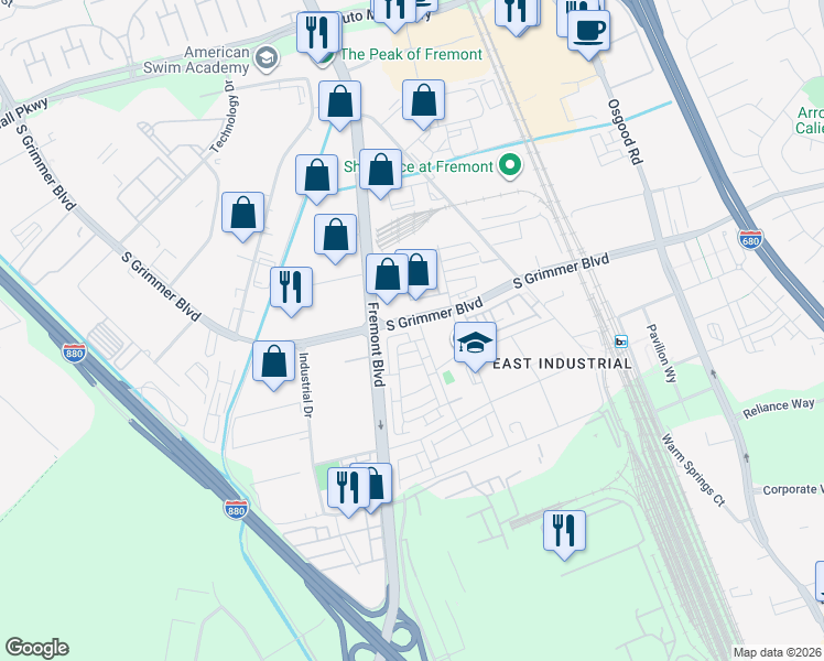 map of restaurants, bars, coffee shops, grocery stores, and more near 44849 Insight Street in Fremont