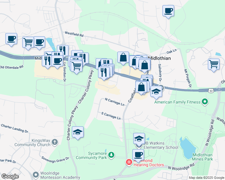 map of restaurants, bars, coffee shops, grocery stores, and more near 13813 Village Mill Drive in Midlothian