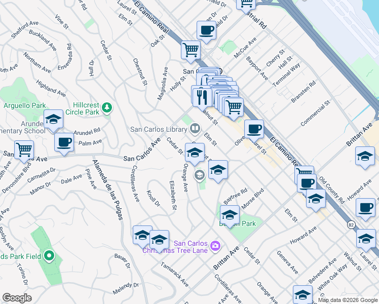 map of restaurants, bars, coffee shops, grocery stores, and more near 1555 Cherry Street in San Carlos