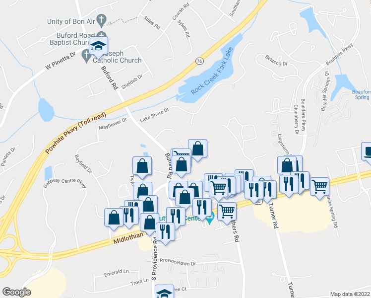 map of restaurants, bars, coffee shops, grocery stores, and more near 8016 Buford Commons in Richmond