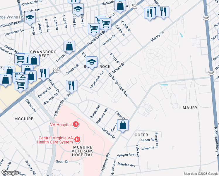 map of restaurants, bars, coffee shops, grocery stores, and more near 801 Holly Springs Avenue in Richmond