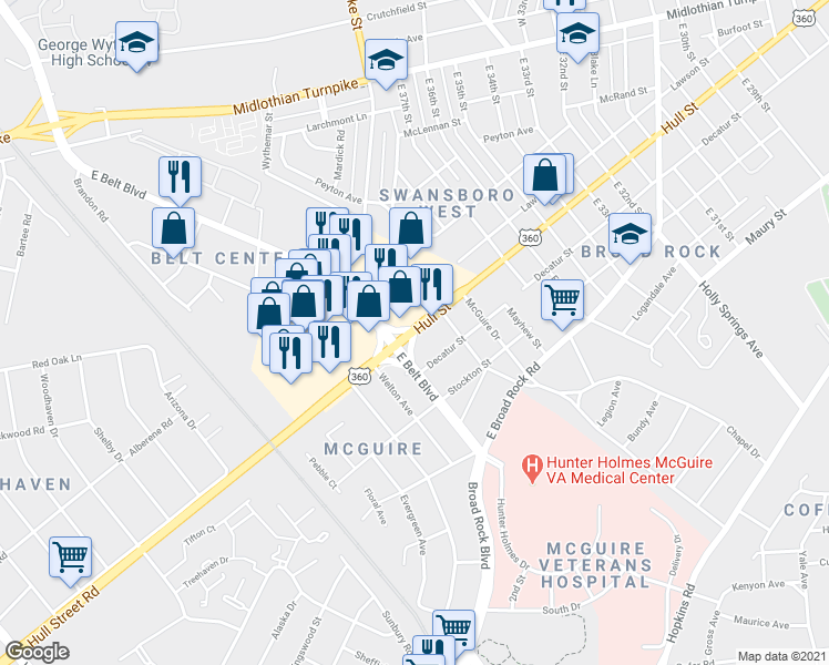 map of restaurants, bars, coffee shops, grocery stores, and more near 6300 Hull Street in Richmond