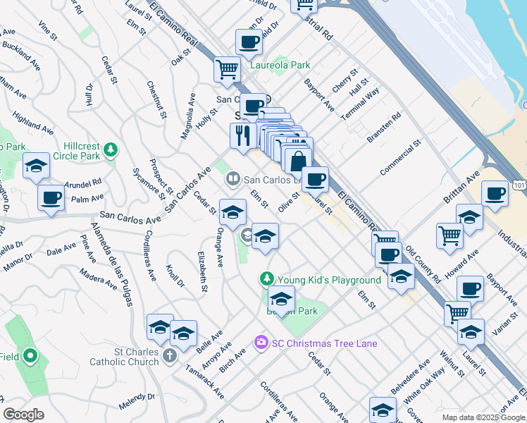 map of restaurants, bars, coffee shops, grocery stores, and more near 782 Elm Street in San Carlos