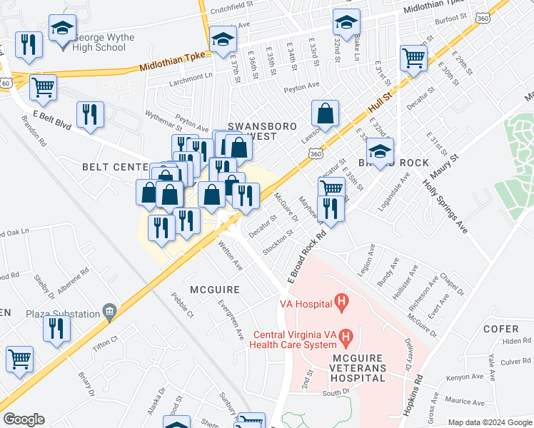 map of restaurants, bars, coffee shops, grocery stores, and more near 3905 Hull Street Road in Richmond