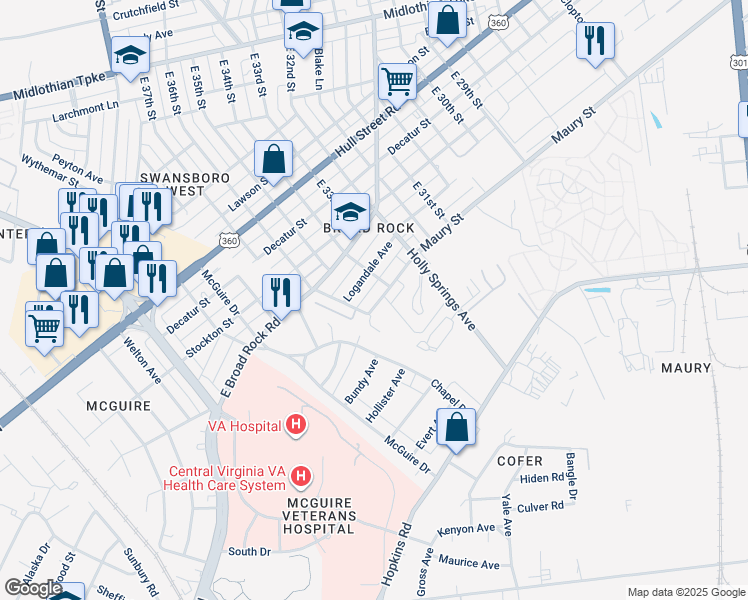 map of restaurants, bars, coffee shops, grocery stores, and more near 3409 Maury Street in Richmond