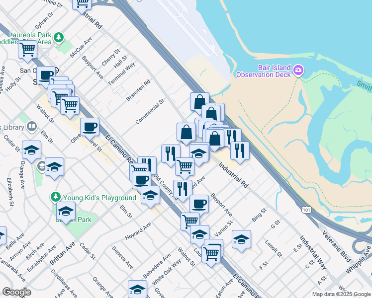 map of restaurants, bars, coffee shops, grocery stores, and more near 1100 Industrial Road in San Carlos