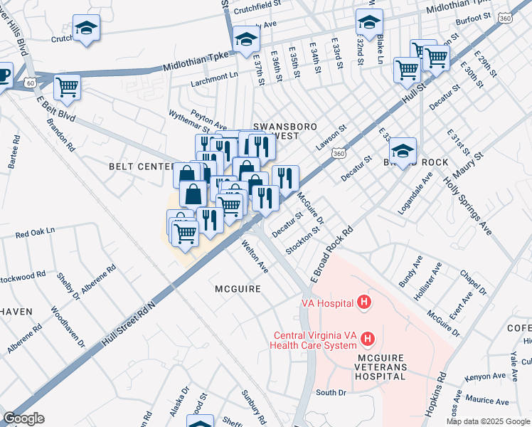 map of restaurants, bars, coffee shops, grocery stores, and more near 6300 Hull Street in Richmond
