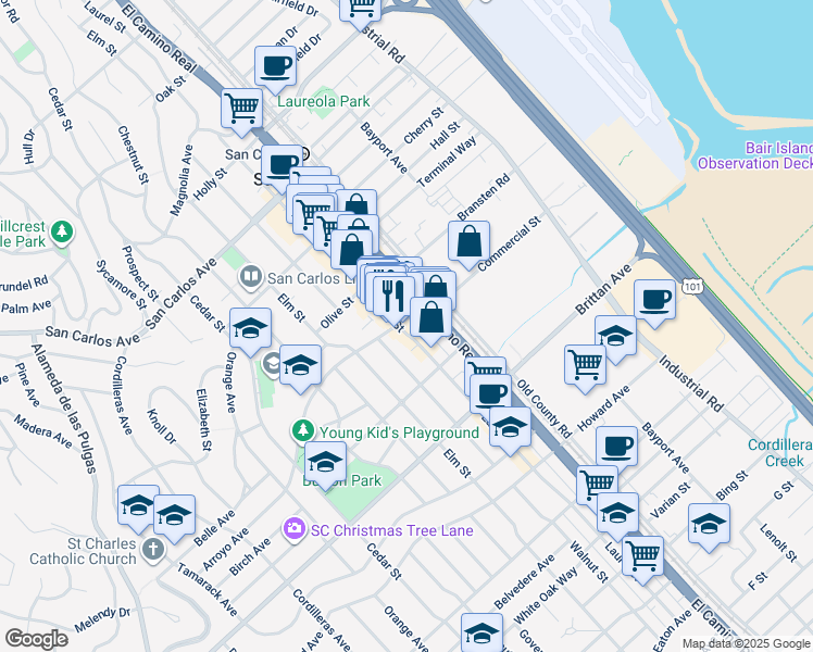map of restaurants, bars, coffee shops, grocery stores, and more near 1150 Arroyo Avenue in San Carlos