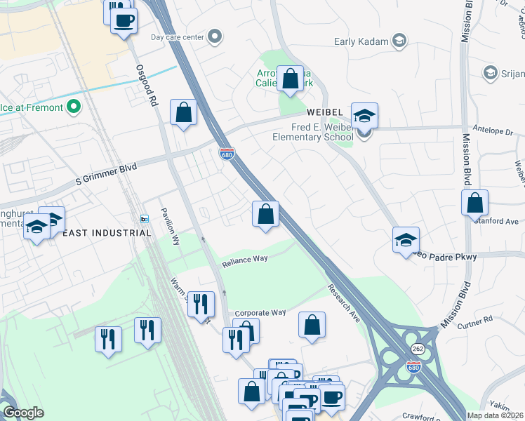 map of restaurants, bars, coffee shops, grocery stores, and more near 1459 Deschutes Place in Fremont