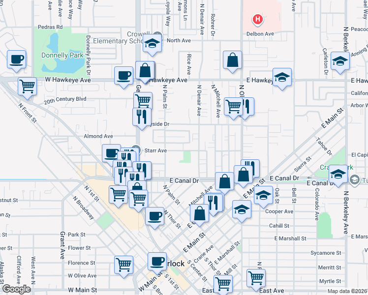 map of restaurants, bars, coffee shops, grocery stores, and more near 390 Bel Air Court in Turlock