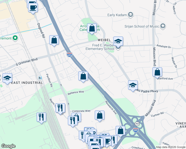 map of restaurants, bars, coffee shops, grocery stores, and more near 1485 Deschutes Place in Fremont