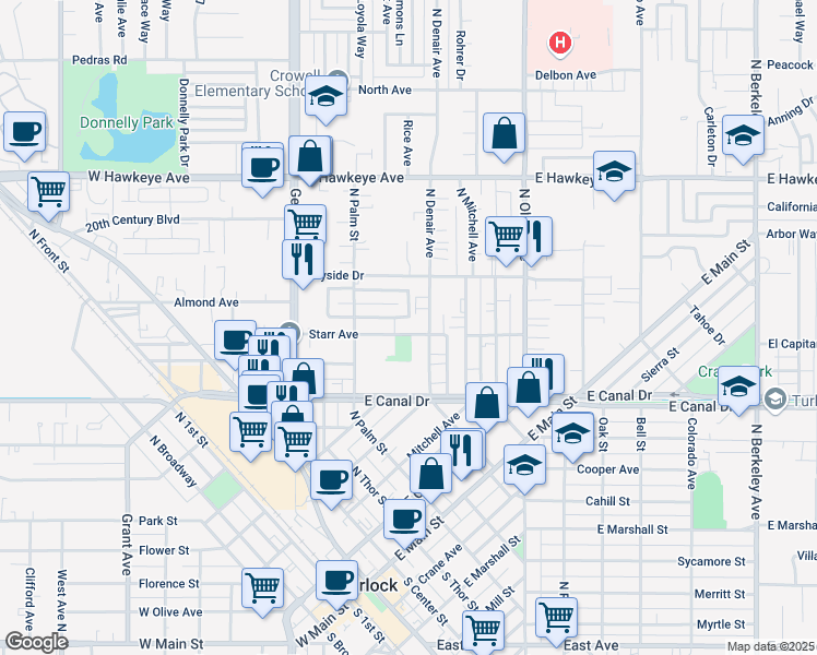 map of restaurants, bars, coffee shops, grocery stores, and more near 303 Starr Avenue in Turlock