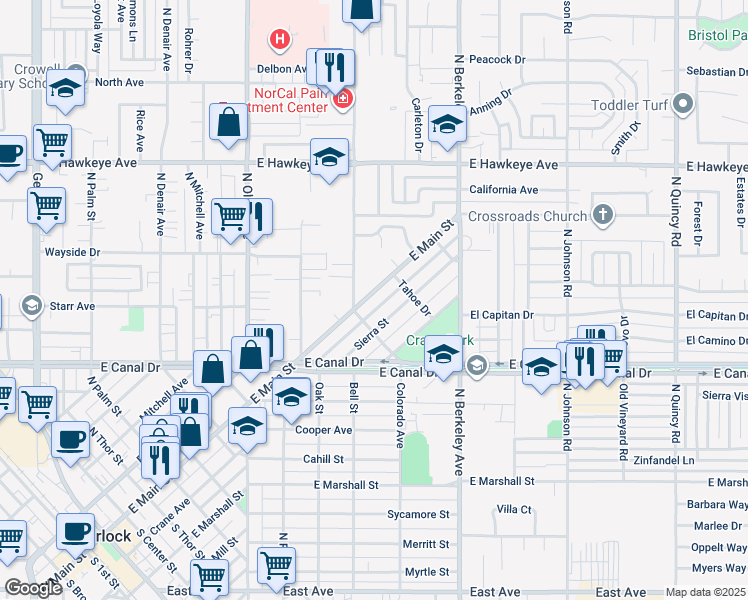 map of restaurants, bars, coffee shops, grocery stores, and more near 1034 East Main Street in Turlock